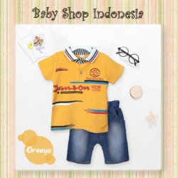 large LU631 Setelan Kaos Anak Berkerah Import Circle Celana Pendek Denim Anak Cowok Oranye